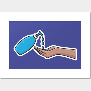 Men Hand Washing With Soap Bottle Sticker vector illustration. Cleaning objects icon concept. Washing hands for daily personal care sticker design vector with shadow. Posters and Art